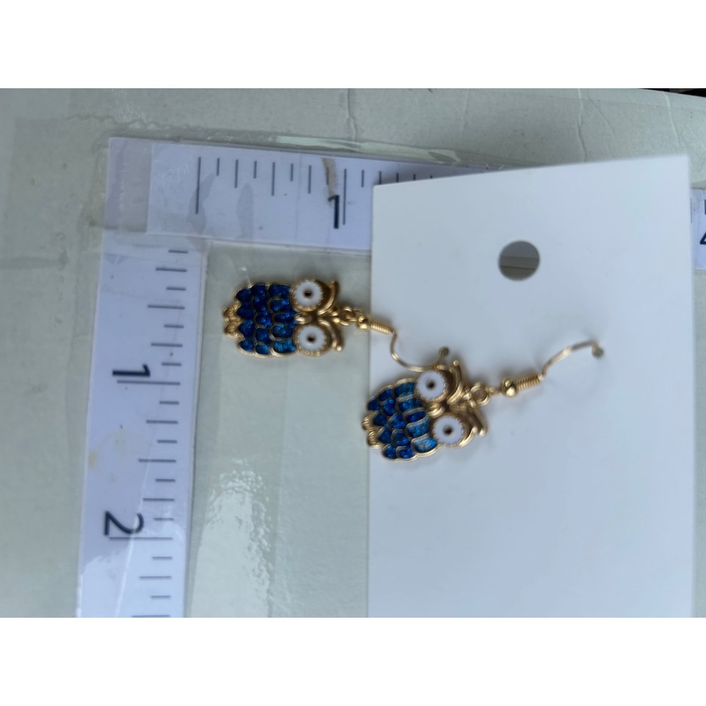 Owl Dangle Earrings Blue Gold New Enamel Whimsical Hoot! Boho Retro Quirky - Picture 5 of 6